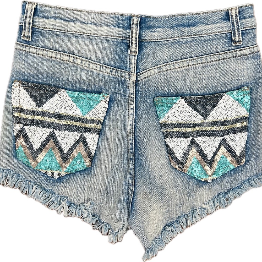 Sequin Patchwork Distressed Denim Shorts Aztec Bl… - image 3